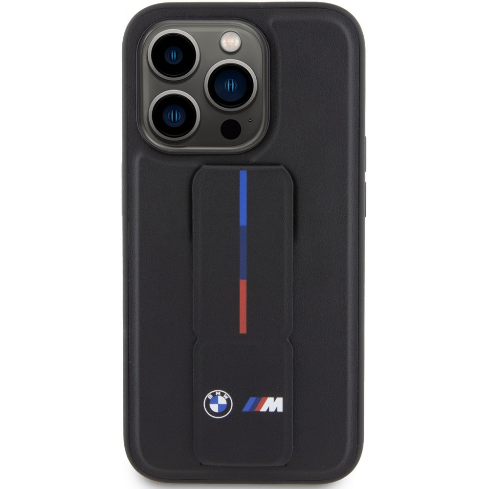 Coque iPhone 15 Pro - BMW M similicuir avec support réglable intégré - Noir