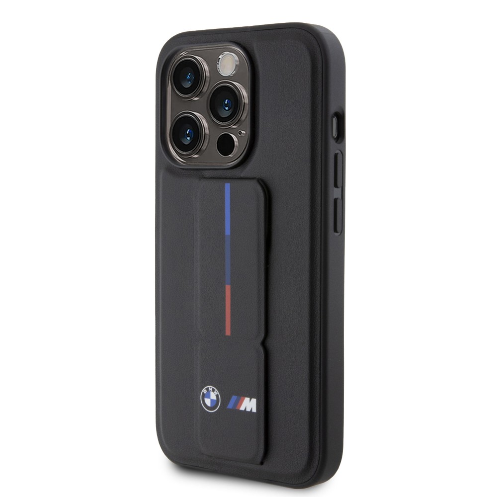 Coque iPhone 15 Pro - BMW M similicuir avec support réglable intégré - Noir