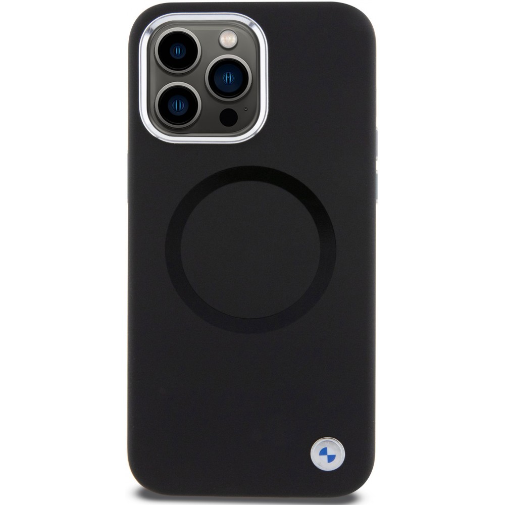 Coque iPhone 15 Pro - BMW silicone Soft Touch avec MagSafe et logo métallique - Noir