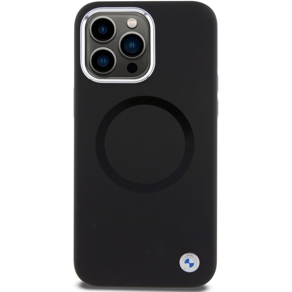 Coque iPhone 15 Pro Max - BMW silicone Soft Touch avec MagSafe et logo métallique - Noir