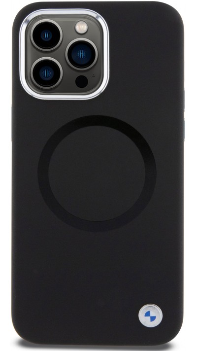 Coque iPhone 15 Pro Max - BMW silicone Soft Touch avec MagSafe et logo métallique - Noir