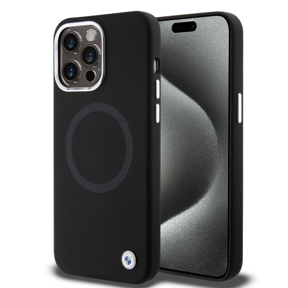 Coque iPhone 15 Pro Max - BMW silicone Soft Touch avec MagSafe et logo métallique - Noir