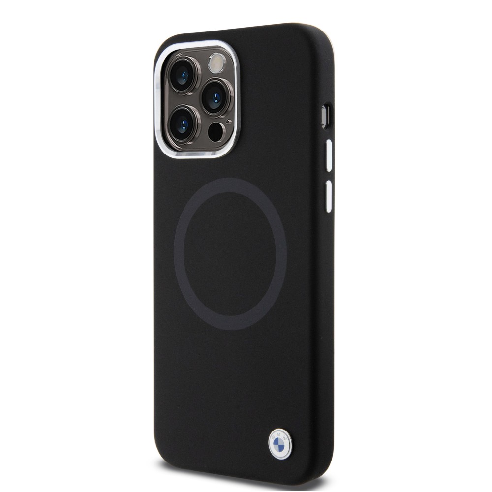 Coque iPhone 15 Pro Max - BMW silicone Soft Touch avec MagSafe et logo métallique - Noir