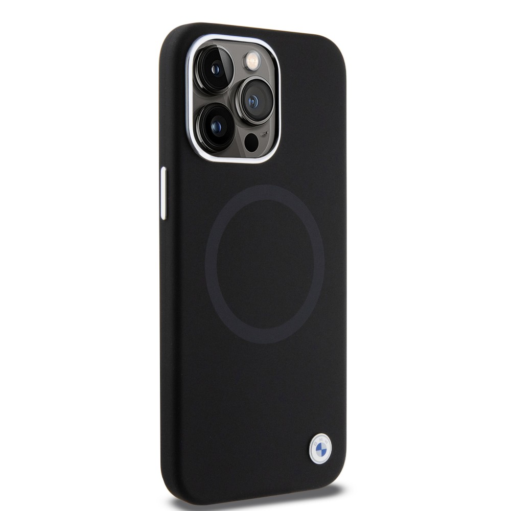 Coque iPhone 15 Pro Max - BMW silicone Soft Touch avec MagSafe et logo métallique - Noir