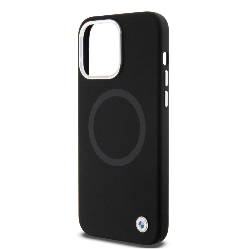 Coque iPhone 15 Pro Max - BMW silicone Soft Touch avec MagSafe et logo métallique - Noir