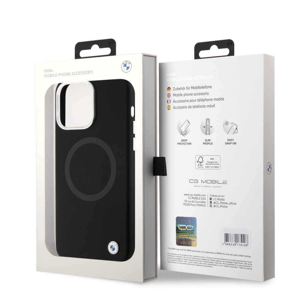 Coque iPhone 15 Pro Max - BMW silicone Soft Touch avec MagSafe et logo métallique - Noir