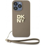 Coque iPhone 15 Pro Max - DKNY avec bracelet détachable et logo doré - Beige