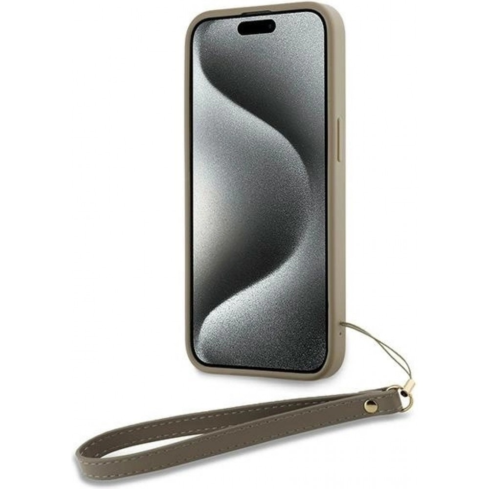 Coque iPhone 15 Pro Max - DKNY avec bracelet détachable et logo doré - Beige