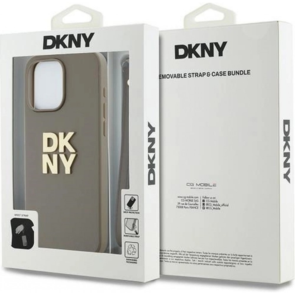 Coque iPhone 15 Pro Max - DKNY avec bracelet détachable et logo doré - Beige