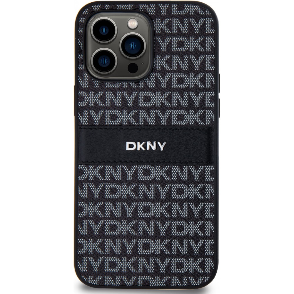 Coque iPhone 15 Pro Max - DKNY silicone similicuir monogramme logo métallique - Noir