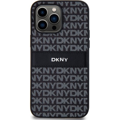 Coque iPhone 15 Pro Max - DKNY silicone similicuir monogramme logo métallique - Noir