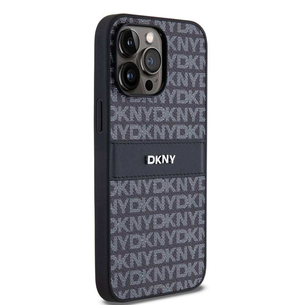 Coque iPhone 15 Pro Max - DKNY silicone similicuir monogramme logo métallique - Noir
