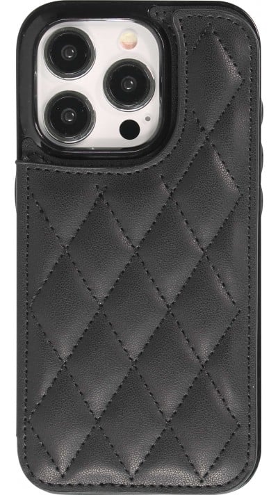 Coque iPhone 15 Pro Max - Etui en silicone avec surface en similicuir et porte-monnaie pliable - Noir