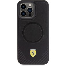 Coque iPhone 15 Pro Max - Ferrari cuir MagSafe avec logo en métal et imitation carbon - Noir