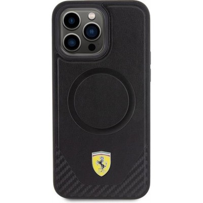 iPhone 15 Pro Max Case Hülle - Ferrari MagSafe Leder mit Metall-Logo und Carbon-Imitation - Schwarz