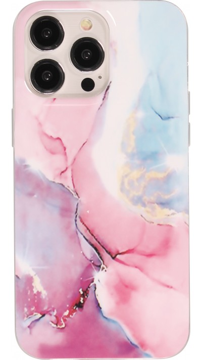 Coque iPhone 15 Pro - Gel Glossy Marbre - Rose/bleu