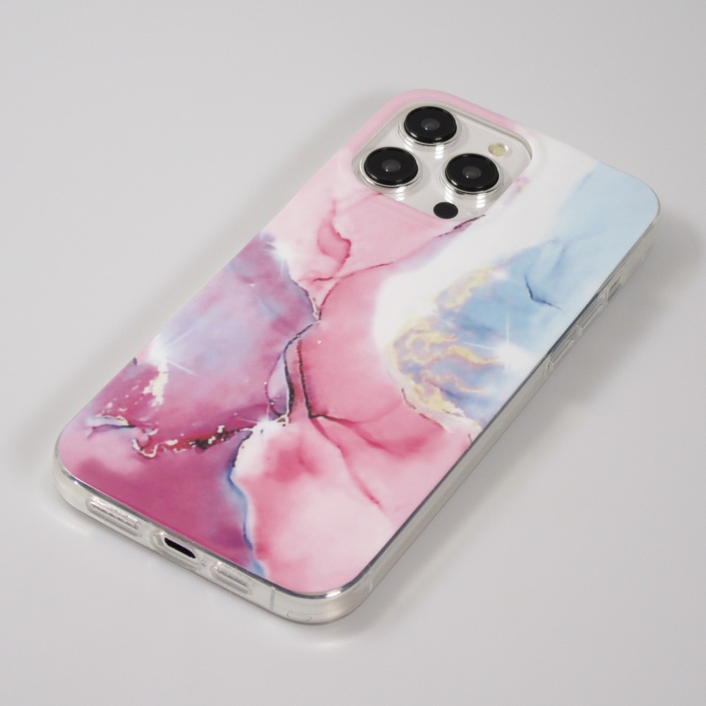 iPhone 15 Pro Case Hülle - Gel Glossy Marmor - Rosa/blau