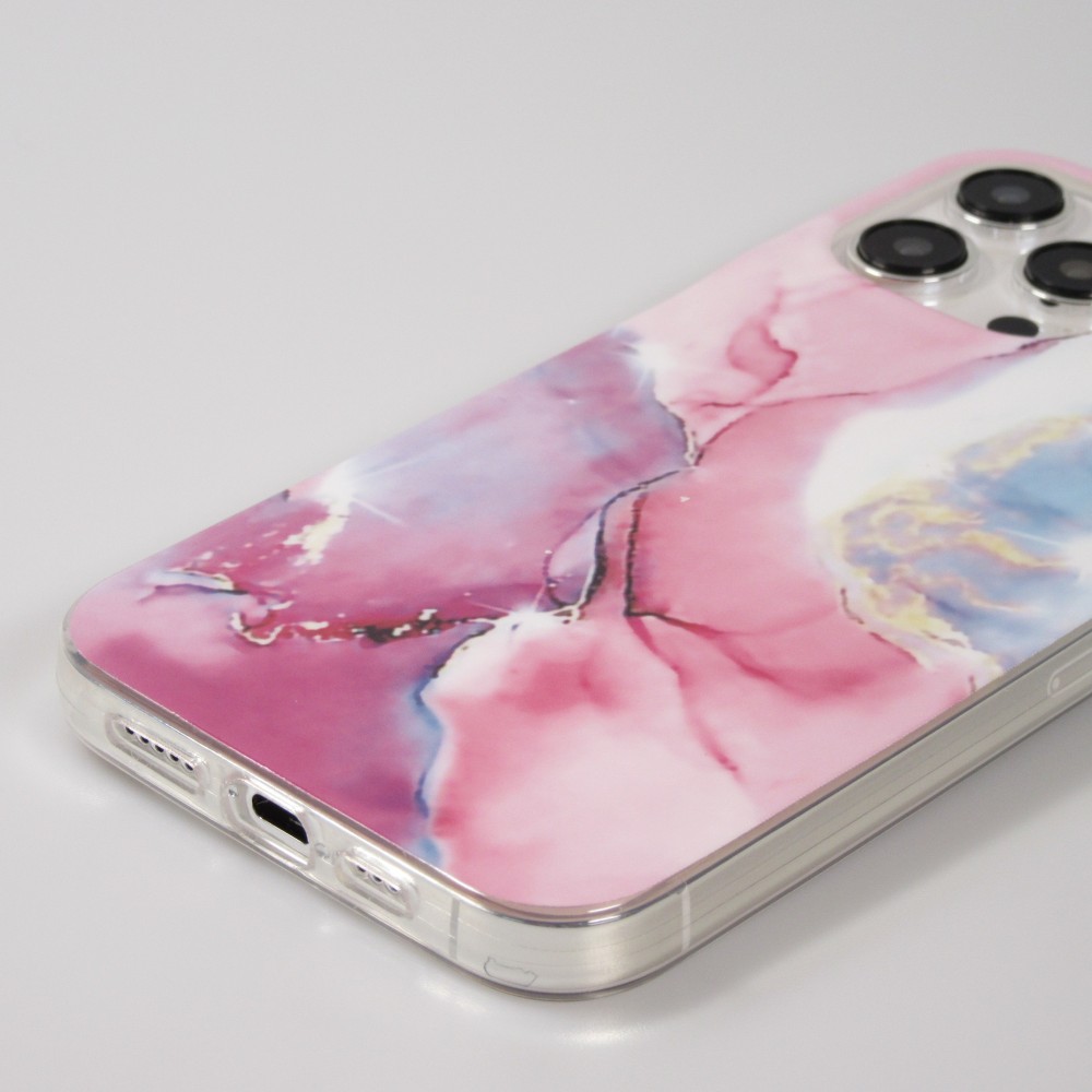 iPhone 15 Pro Case Hülle - Gel Glossy Marmor - Rosa/blau