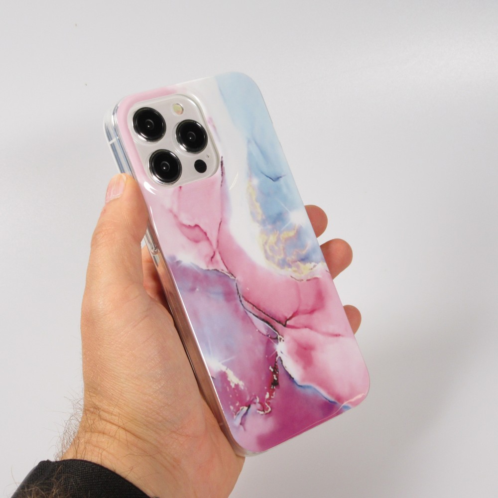 iPhone 15 Pro Case Hülle - Gel Glossy Marmor - Rosa/blau