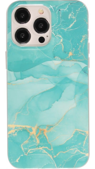 Coque iPhone 15 Pro - Gel Glossy Marbre - Turquoise