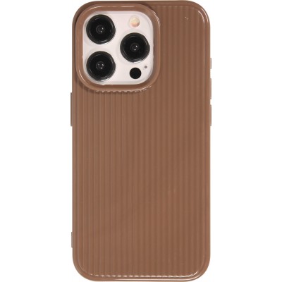 Coque iPhone 15 Pro Max - Gel silicone brillant avec lignes textur&eacute;es - Brun