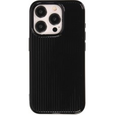 Coque iPhone 15 Pro Max - Gel silicone brillant avec lignes textur&eacute;es - Noir