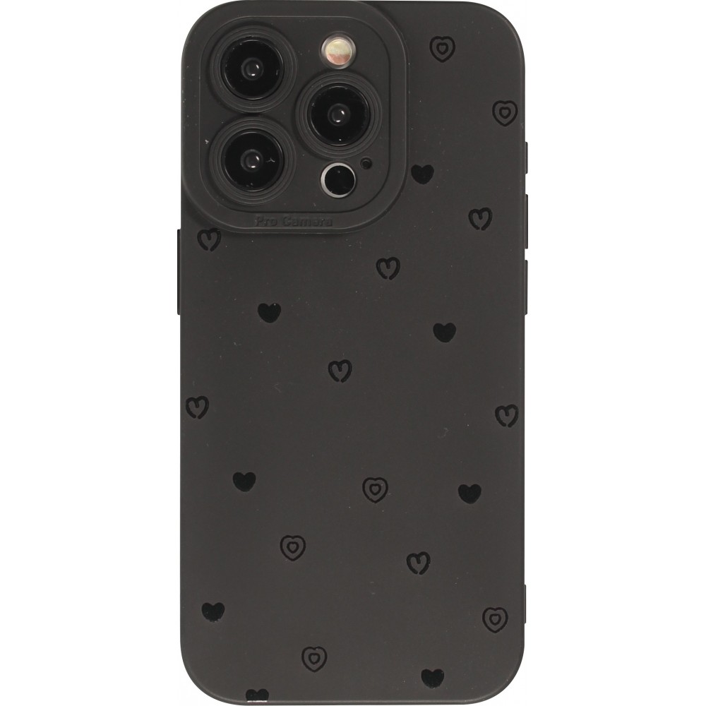 Coque iPhone 15 Pro Max - Gel silicone souple avec protection caméra - Many hearts - Noir