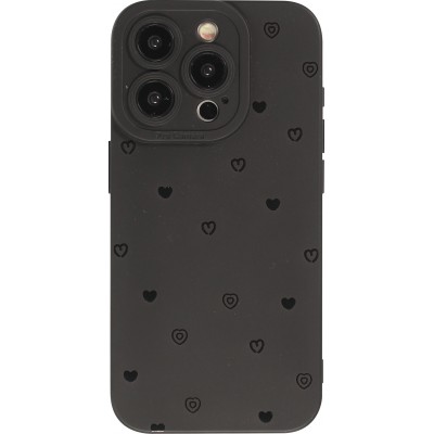 Coque iPhone 15 Pro Max - Gel silicone souple avec protection caméra - Many hearts - Noir