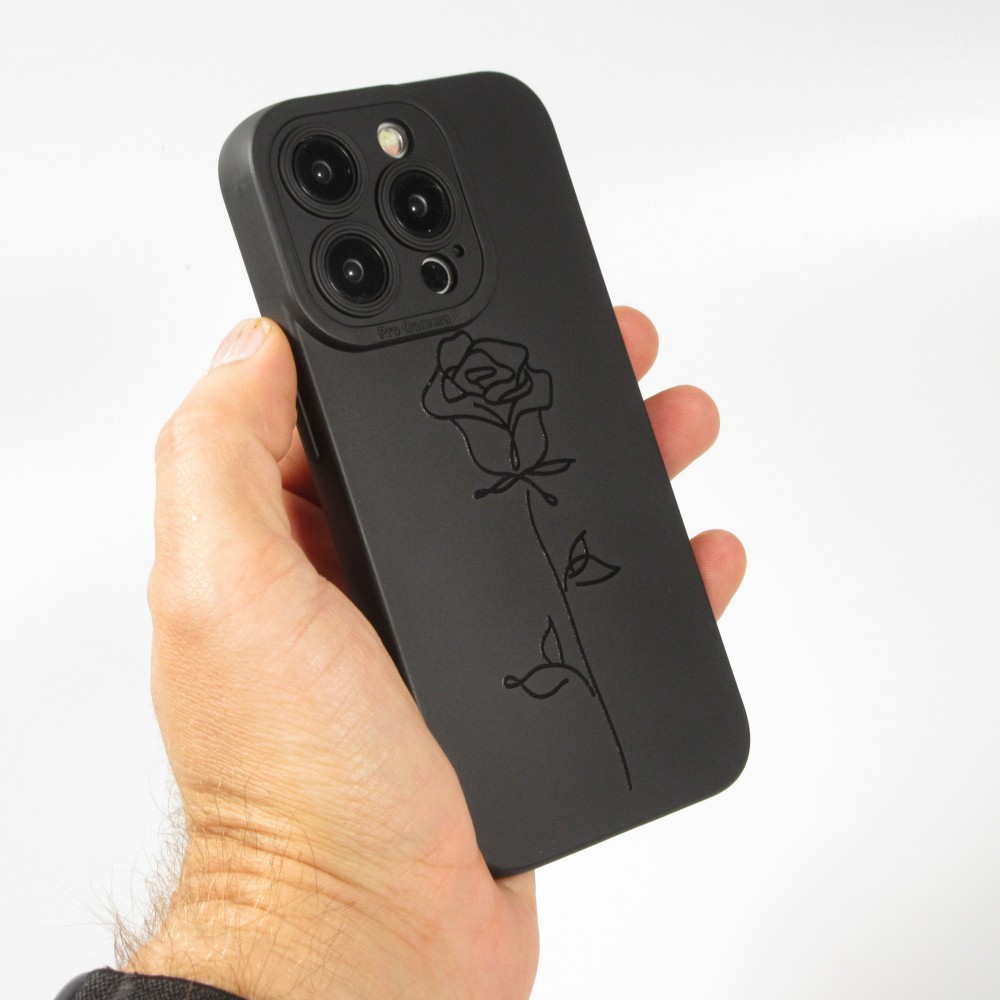 iPhone 15 Pro Max Case Hülle - Weiches Silikongel mit Kameraschutz - Minimalistische Rose - Schwarz