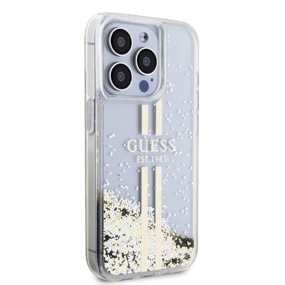 iPhone 15 Pro Max Case Hülle - Guess starres Gel flüssiger Glitter in Gold und Silber mit goldenem Logo - Transparent