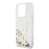 Coque iPhone 15 Pro Max - Guess gel rigide paillettes liquides or et argent avec logo doré - Transparent