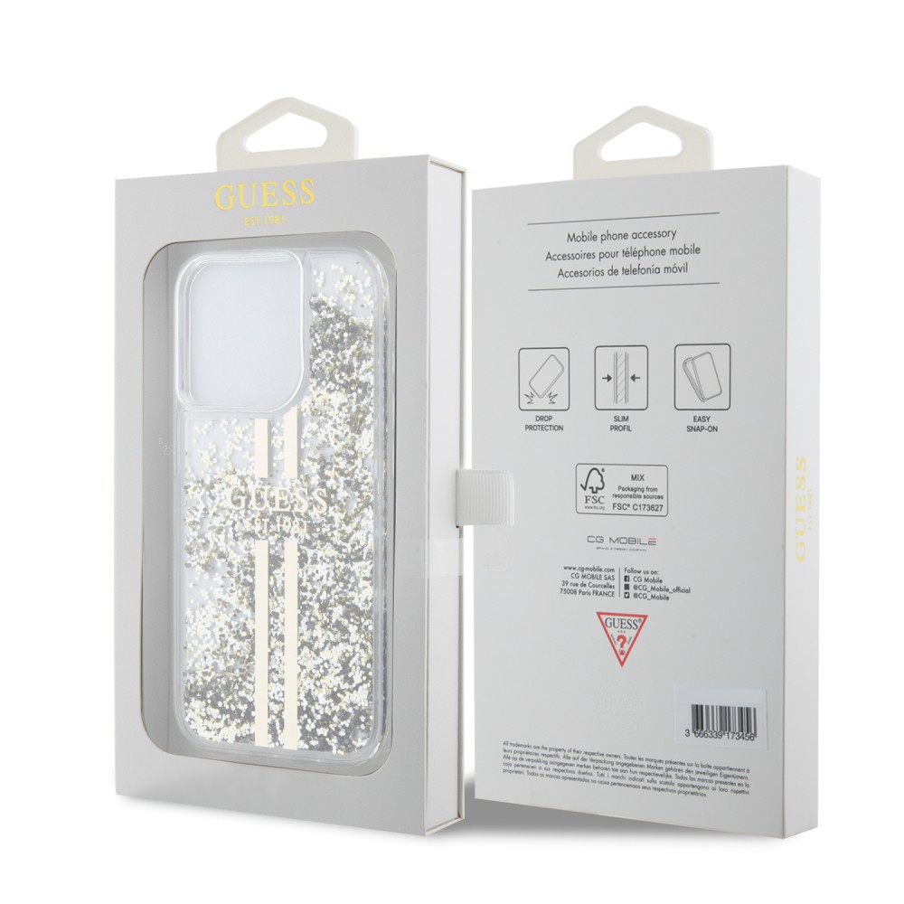 Coque iPhone 15 Pro Max - Guess gel rigide paillettes liquides or et argent avec logo doré - Transparent