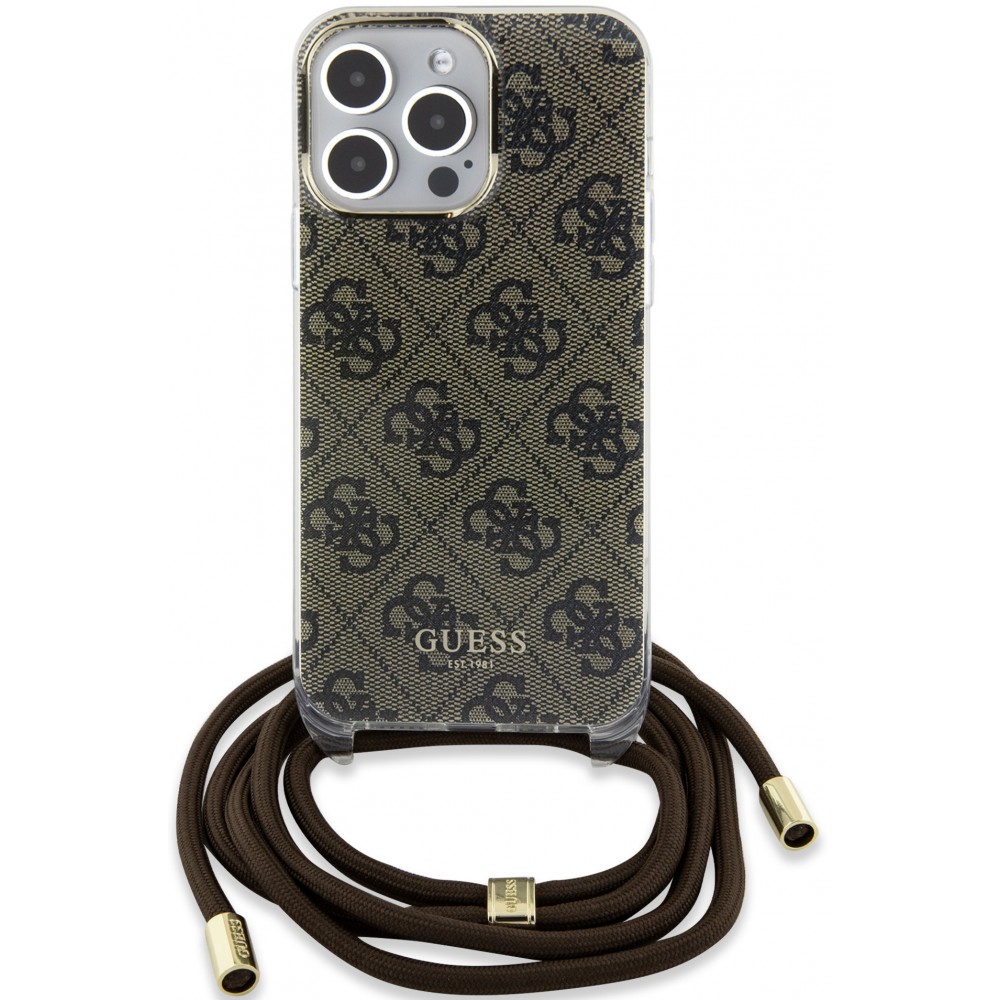 Coque iPhone 15 Pro Max - Guess monogramme laqué avec lanière ajustable intégrée - Brun