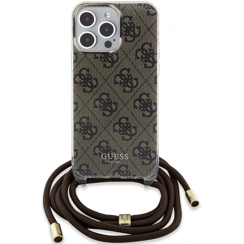 Coque iPhone 15 Pro - Guess monogramme laqué avec lanière ajustable intégrée - Brun