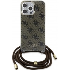 Coque iPhone 15 Pro - Guess monogramme laqué avec lanière ajustable intégrée - Brun