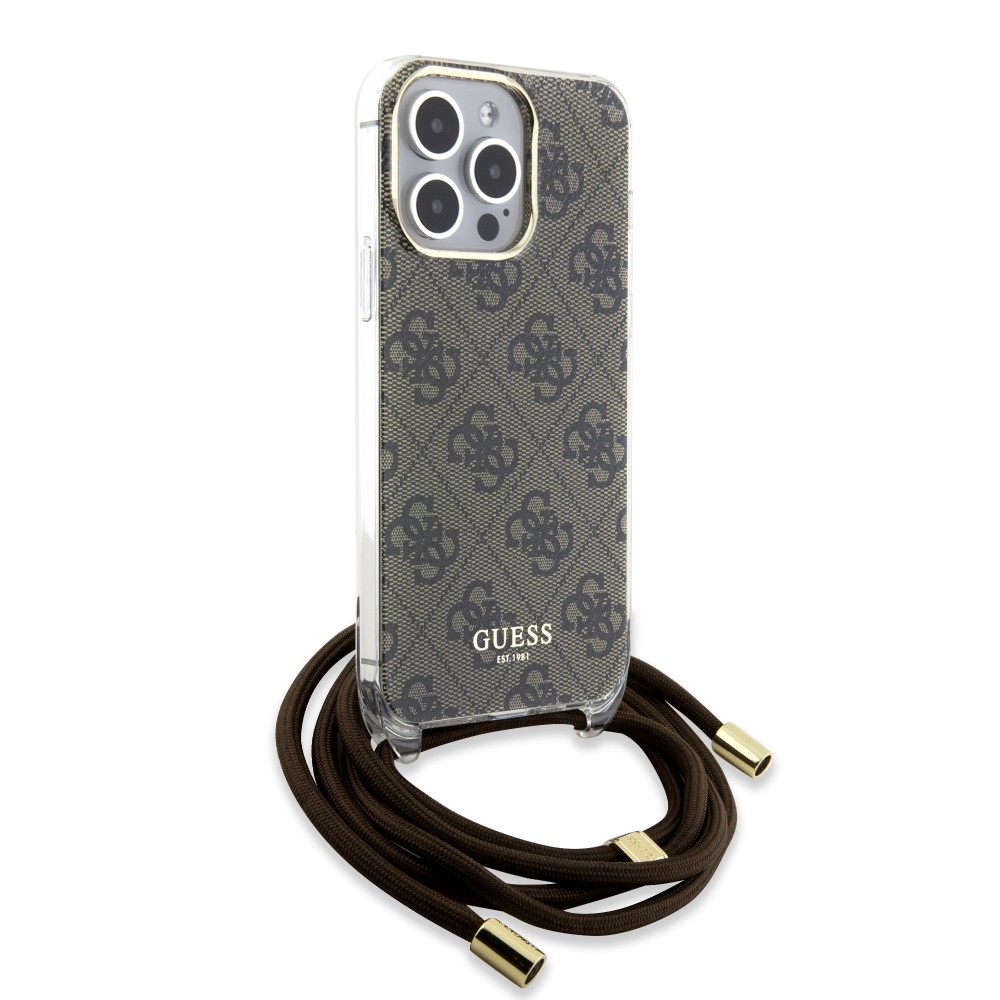 Coque iPhone 15 Pro - Guess monogramme laqué avec lanière ajustable intégrée - Brun