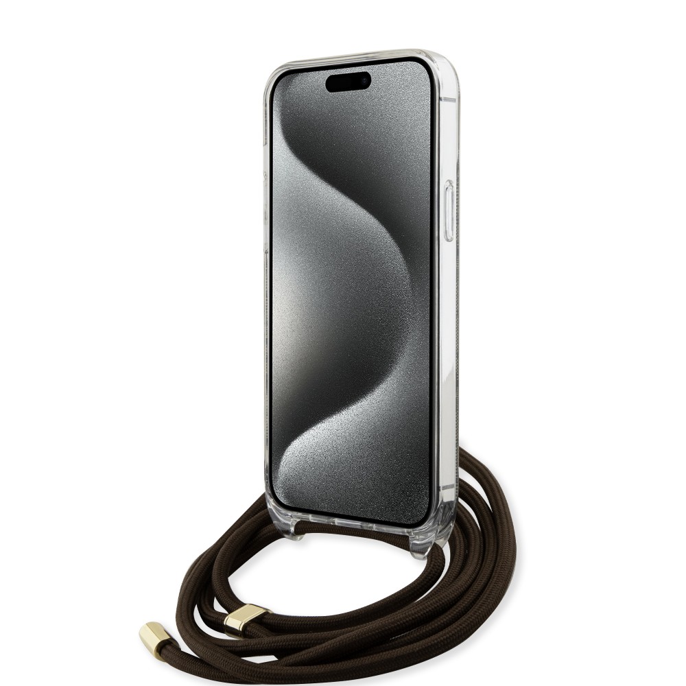 Coque iPhone 15 Pro Max - Guess monogramme laqué avec lanière ajustable intégrée - Brun