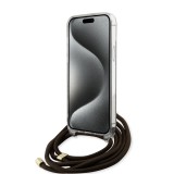 Coque iPhone 15 Pro - Guess monogramme laqué avec lanière ajustable intégrée - Brun