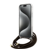 Coque iPhone 15 Pro Max - Guess monogramme laqué avec lanière ajustable intégrée - Brun