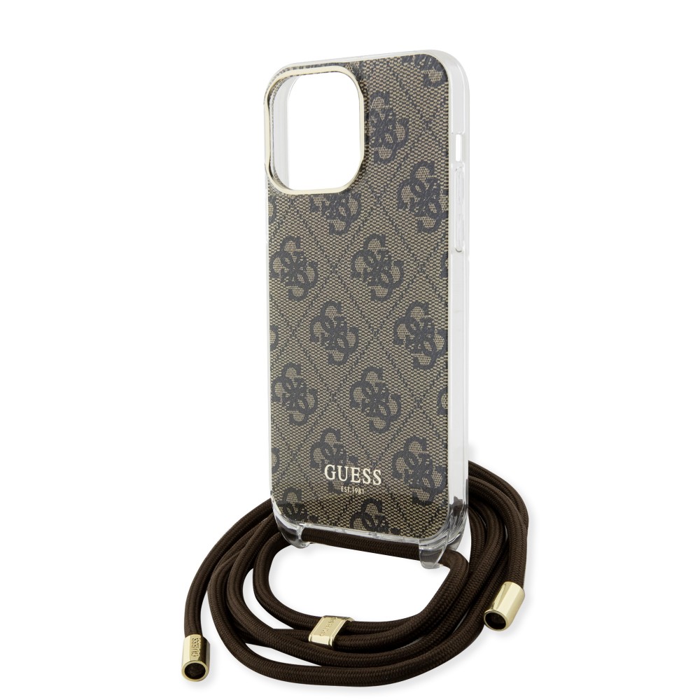 Coque iPhone 15 Pro Max - Guess monogramme laqué avec lanière ajustable intégrée - Brun