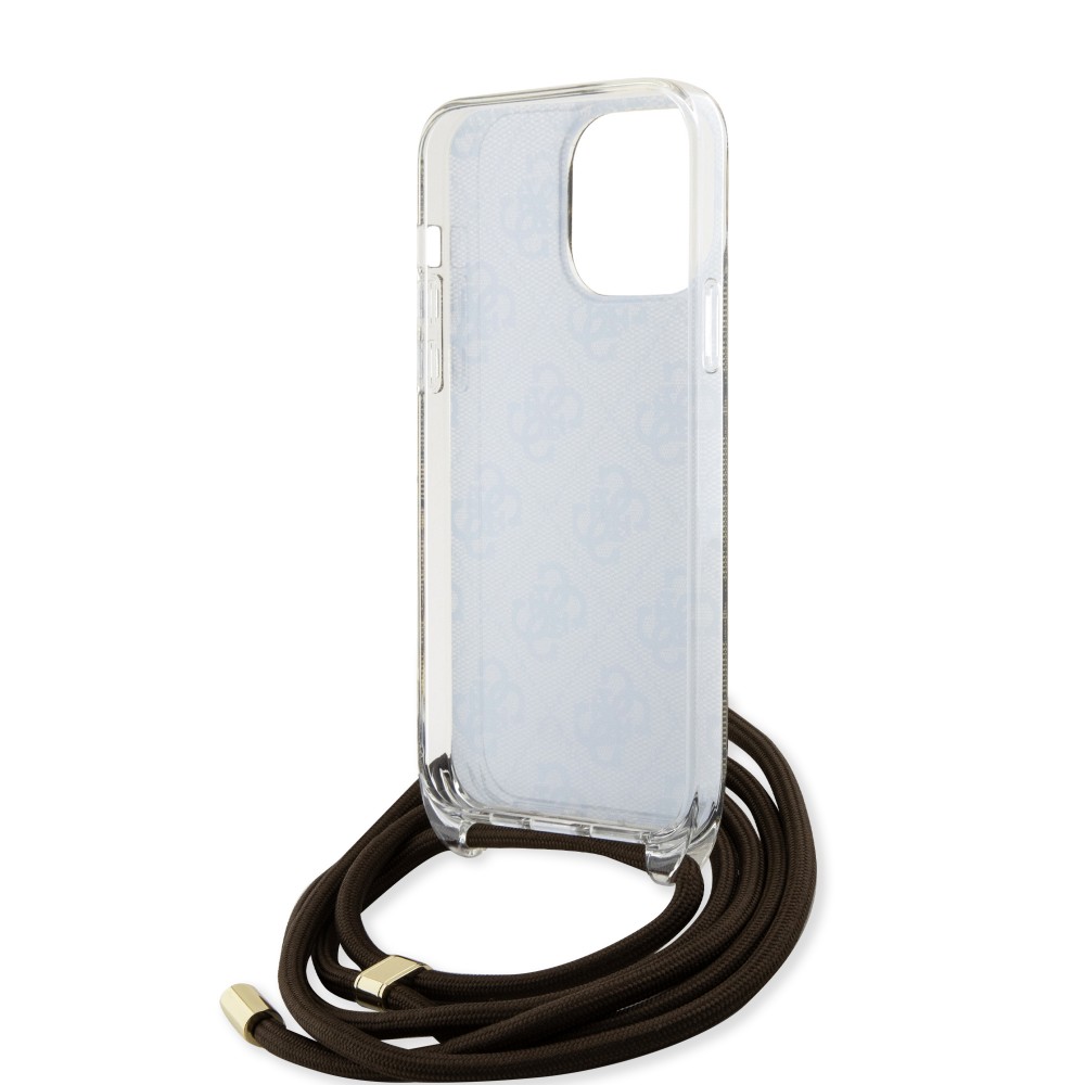 Coque iPhone 15 Pro Max - Guess monogramme laqué avec lanière ajustable intégrée - Brun