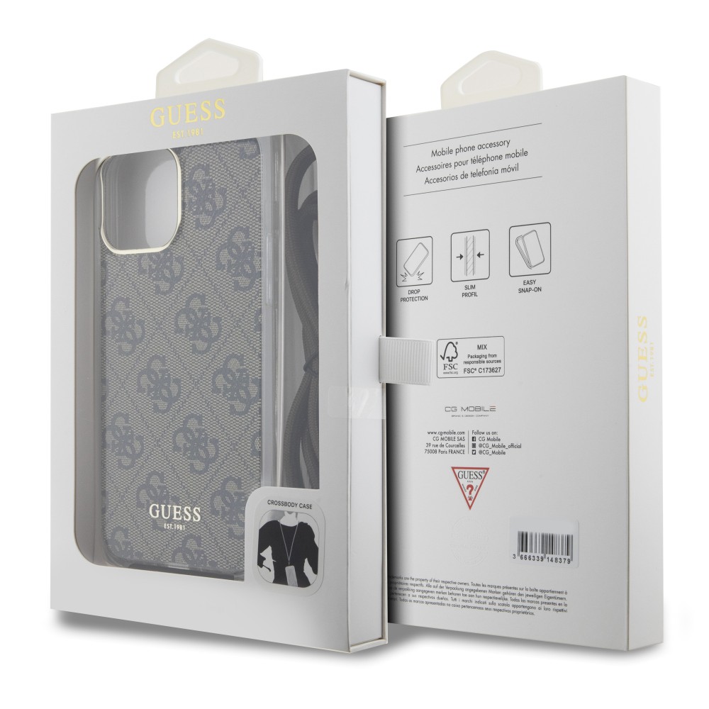 Coque iPhone 15 Pro - Guess monogramme laqué avec lanière ajustable intégrée - Brun