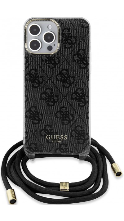 iPhone 15 Pro Case Hülle - Guess Monogramm in Lackoptik mit integriertem verstellbarem Riemen - Grau