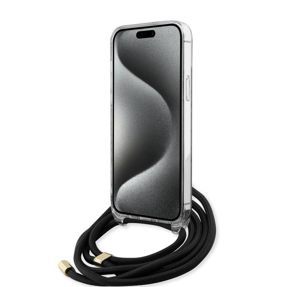 Coque iPhone 15 Pro Max - Guess monogramme laqué avec lanière ajustable intégrée - Gris
