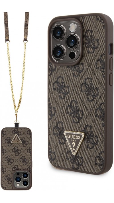 iPhone 15 Pro Case Hülle - Guess Monogramm Kunstleder Metall-Logo und Strass mit abnehmbarem Riemen - Braun