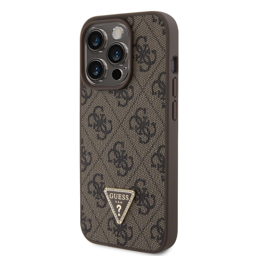 iPhone 15 Pro Max Case Hülle - Guess Monogramm Kunstleder Metall-Logo und Strass mit abnehmbarem Riemen - Braun