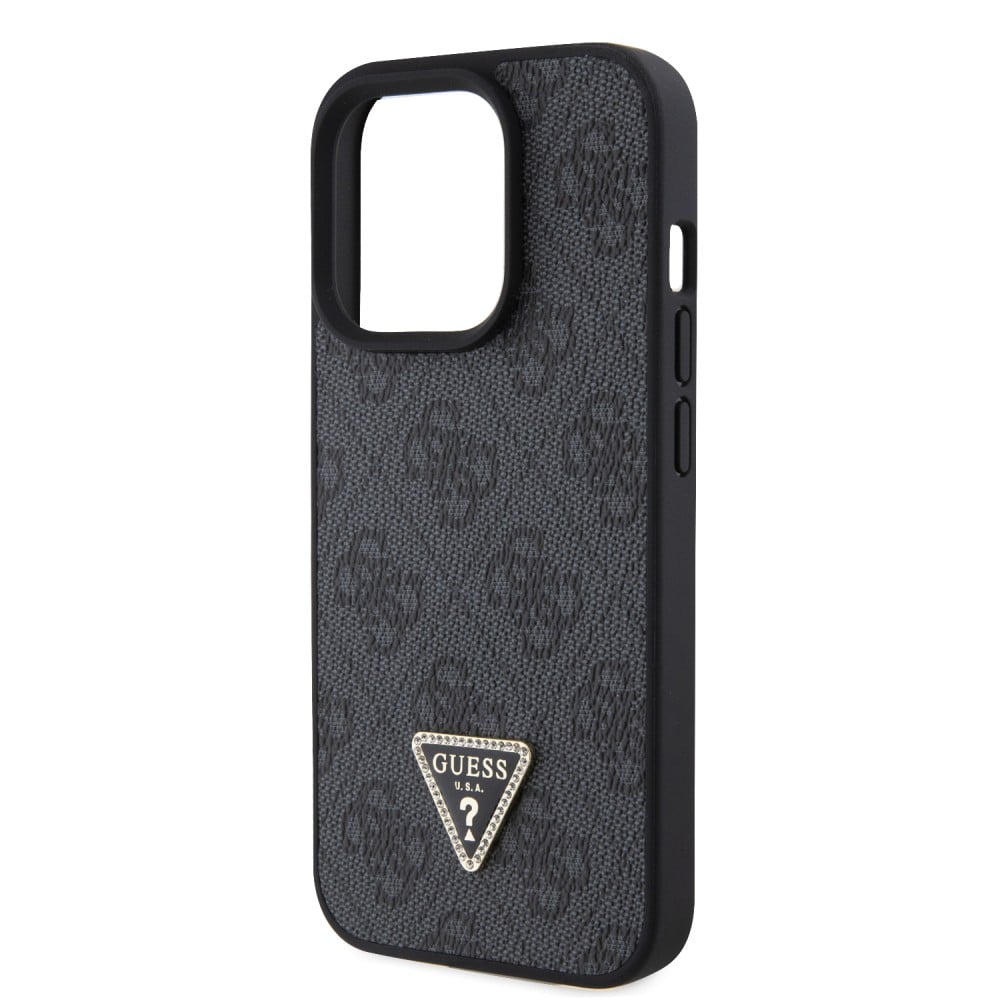 Coque iPhone 15 Pro Max - Guess monogramme similicuir logo métal et strass avec lanière amovible - Noir