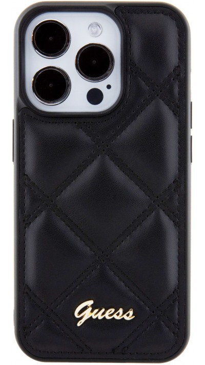 Coque iPhone 15 Pro Max - Guess similicuir molletonné en carreaux et logo doré métallique en relief - Noir