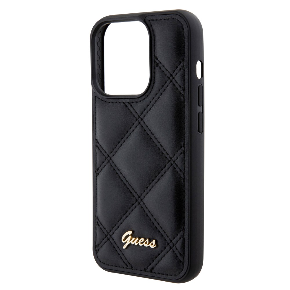 Coque iPhone 15 Pro Max - Guess similicuir molletonné en carreaux et logo doré métallique en relief - Noir