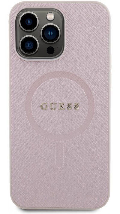 Coque iPhone 15 Pro Max - Guess similicuir saffiano logo métallique doré et MagSafe - Rose